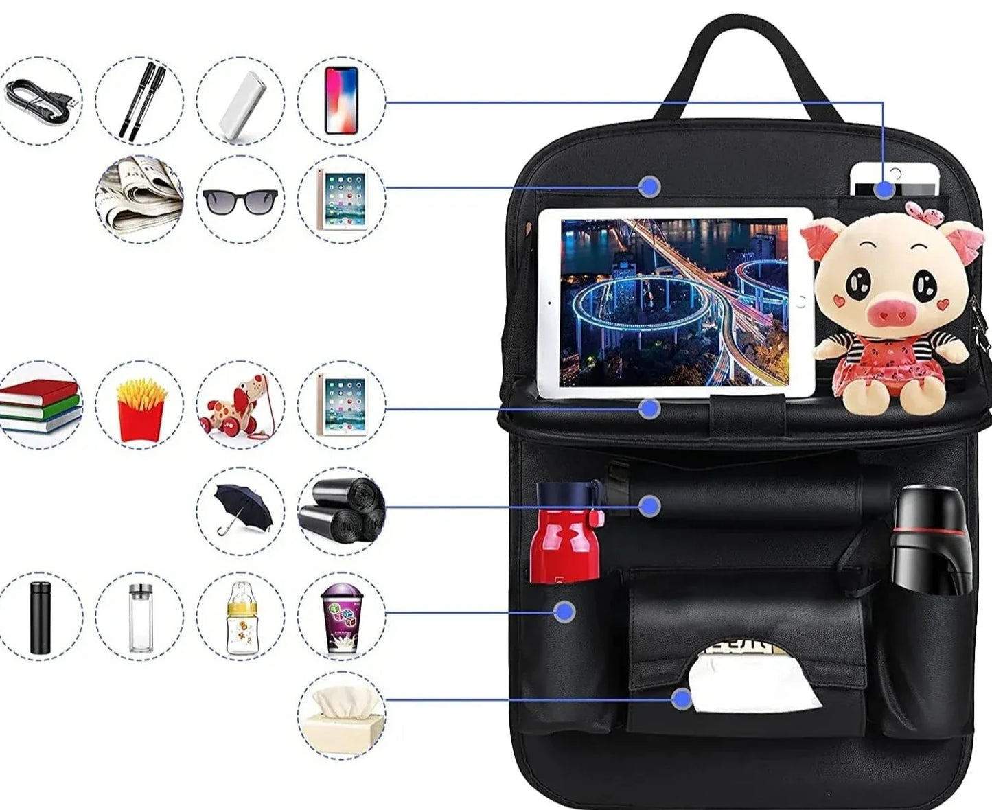 Car Seat Support with Foldable Leather Tray