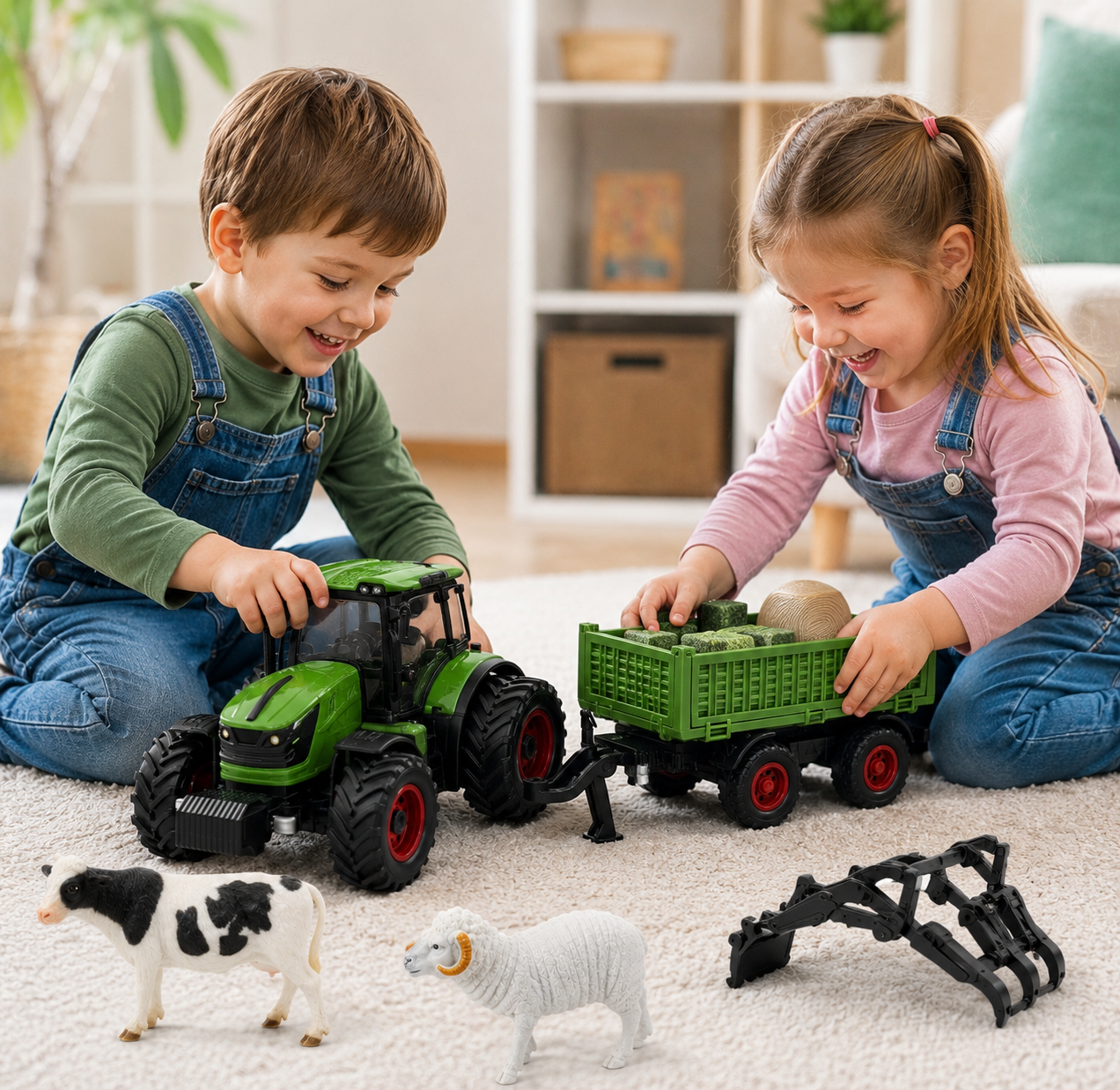 Children's Toy Remote-Controlled Tractor with Metal Trailer